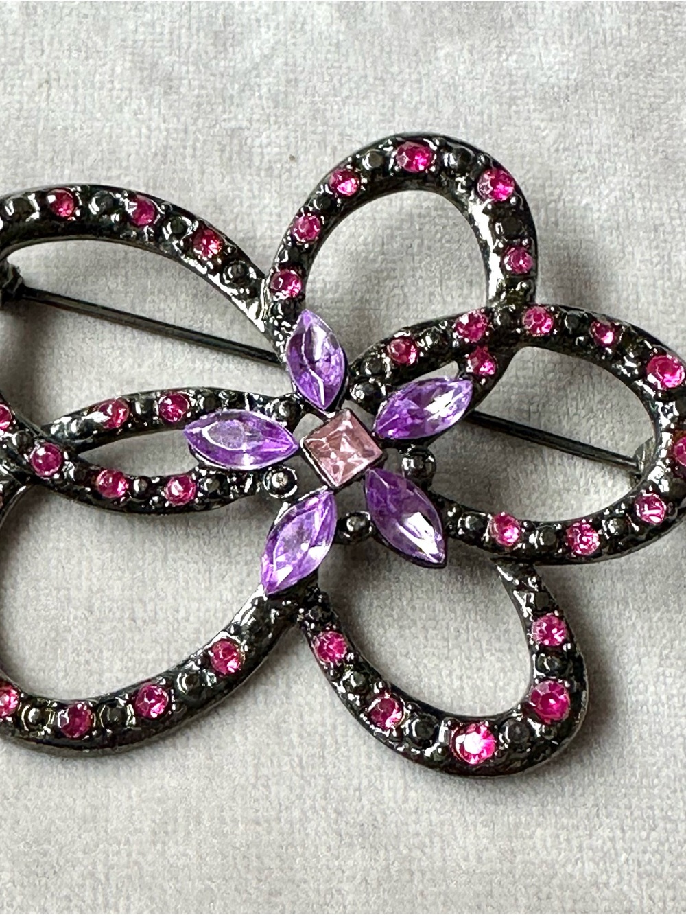 Elegant Gunmetal Pink & Purple Flower Crystal Brooch